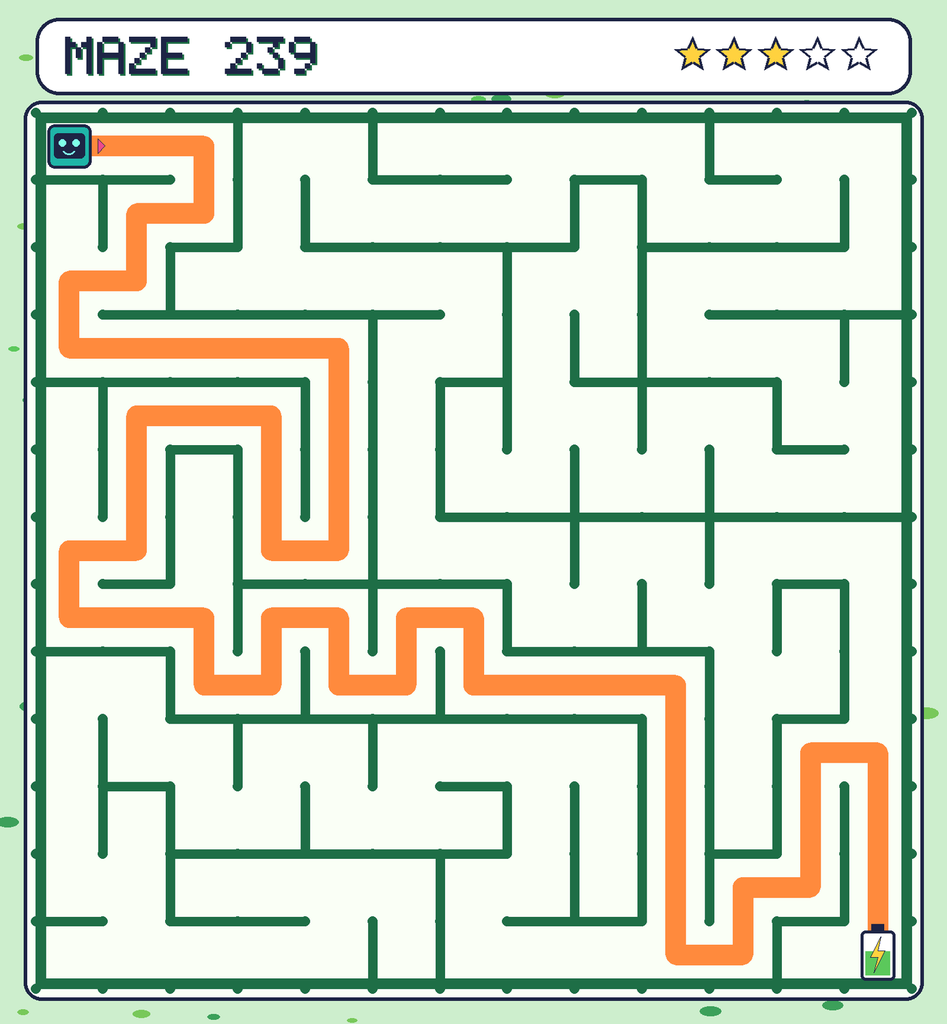 The solved maze 239 with the route drawn as an orange line.