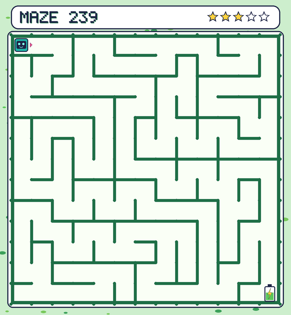 Maze 239. Beep starts in the top-left corner. The battery is in the bottom-right corner.
