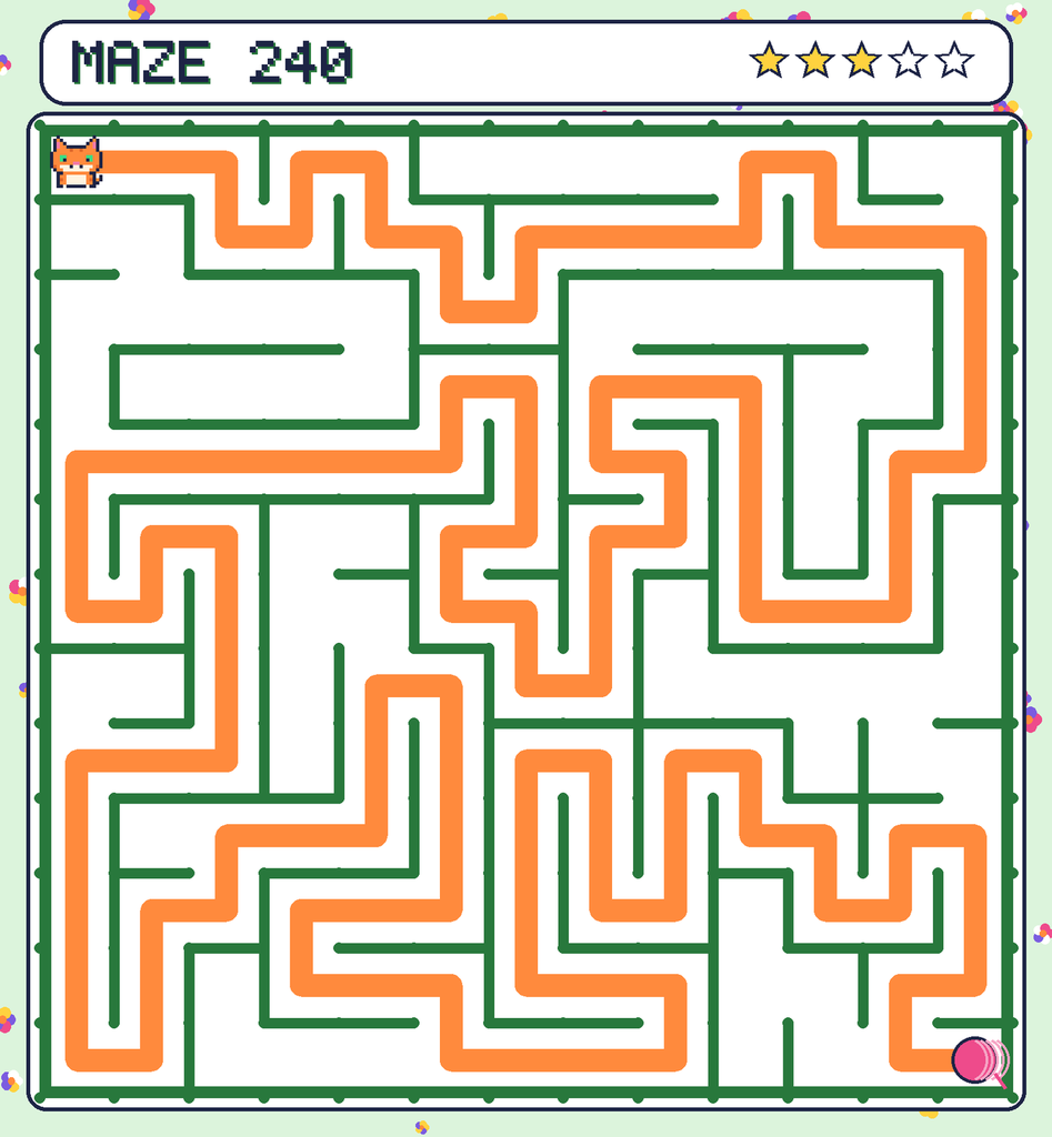 The solved maze 240 with the route drawn as an orange line.