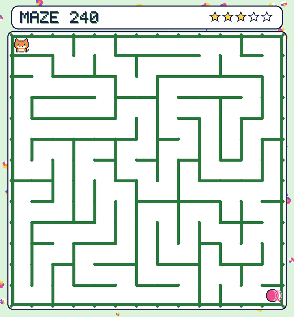 Maze 240. Pixel starts in the top-left corner. The ball of yarn is in the bottom-right corner.