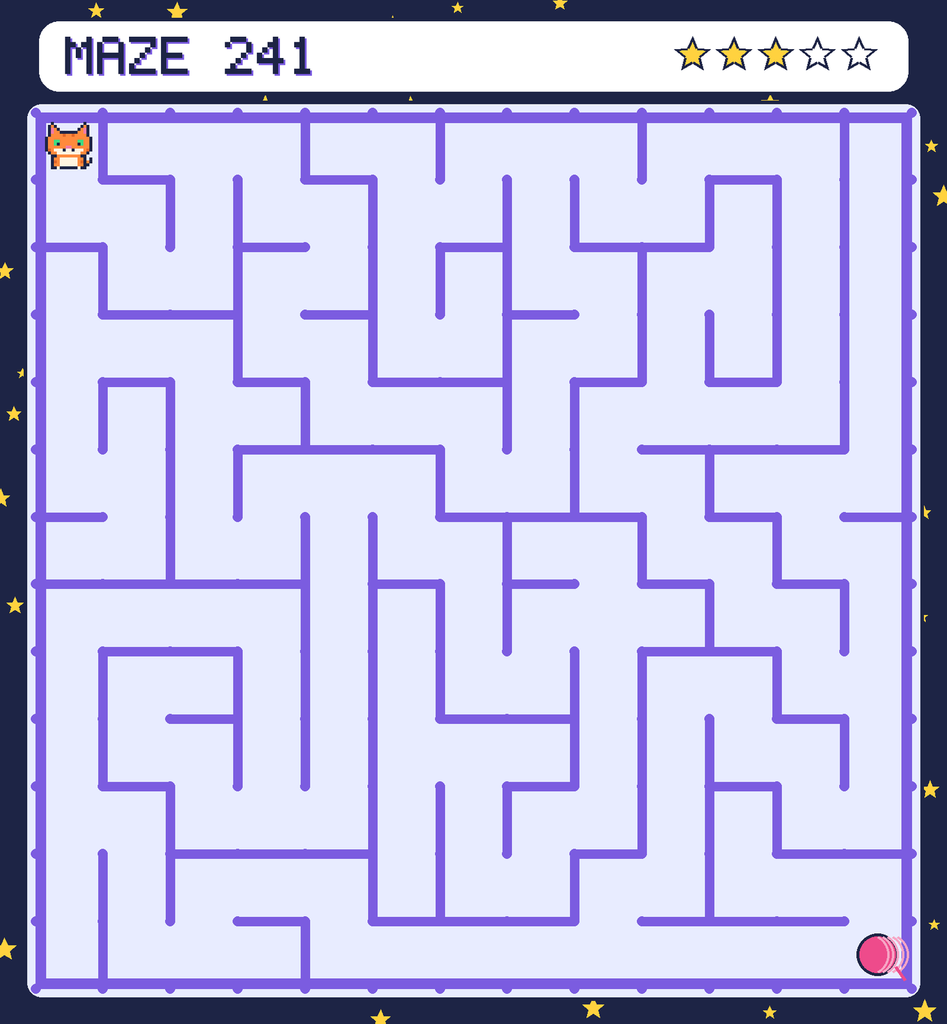 Maze 241. Pixel starts in the top-left corner. The ball of yarn is in the bottom-right corner.