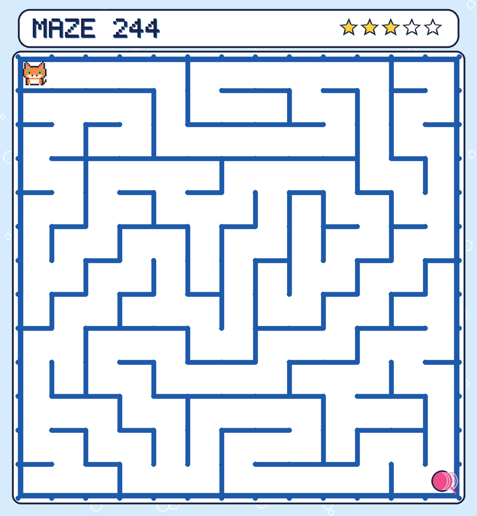 Maze 244. Pixel starts in the top-left corner. The ball of yarn is in the bottom-right corner.