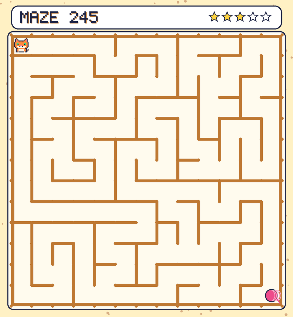 Maze 245. Pixel starts in the top-left corner. The ball of yarn is in the bottom-right corner.