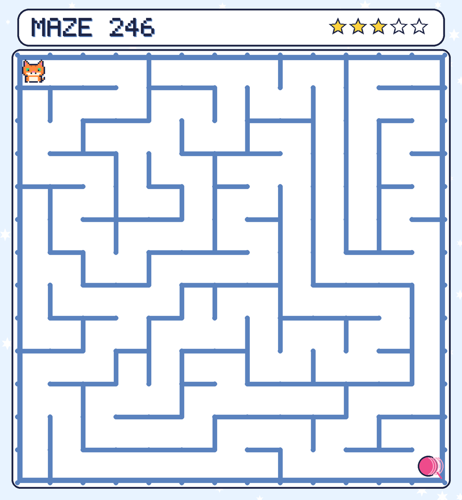 Maze 246. Pixel starts in the top-left corner. The ball of yarn is in the bottom-right corner.