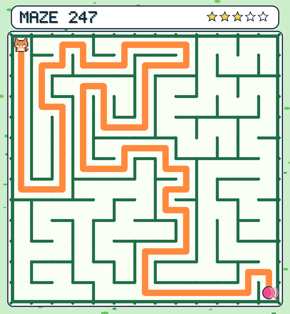 The solved maze 247 with the route drawn as an orange line.