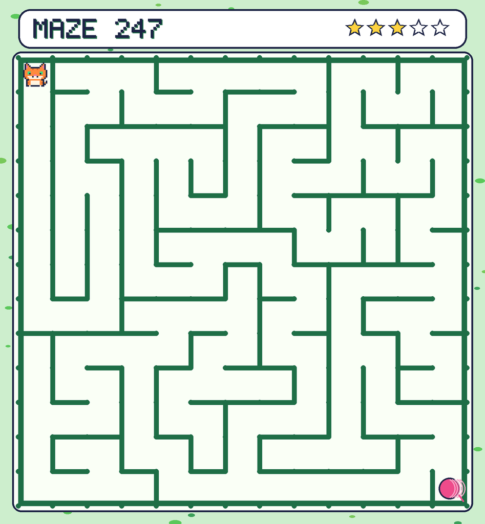 Maze 247. Pixel starts in the top-left corner. The ball of yarn is in the bottom-right corner.