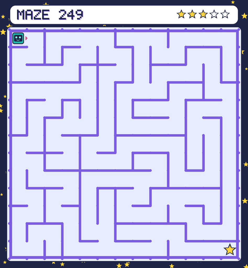 Maze 249. Beep starts in the top-left corner. The gold star is in the bottom-right corner.