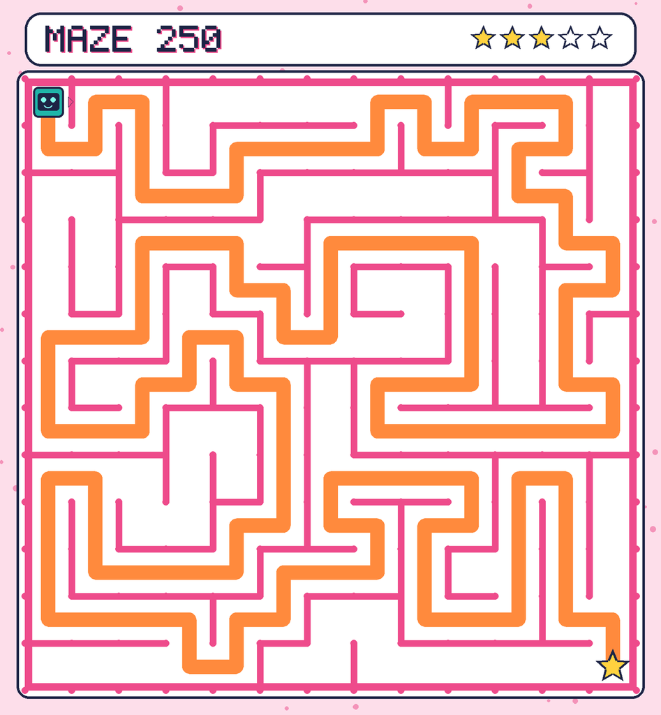 The solved maze 250 with the route drawn as an orange line.