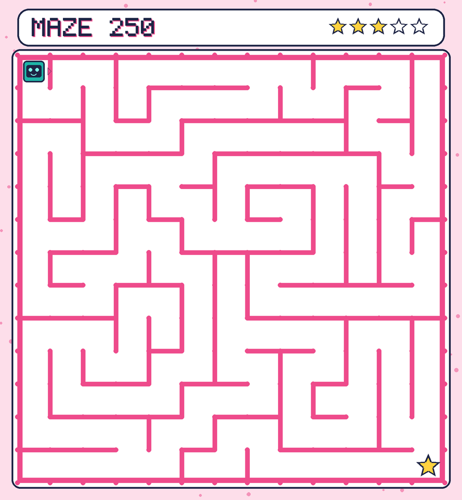 Maze 250. Beep starts in the top-left corner. The gold star is in the bottom-right corner.