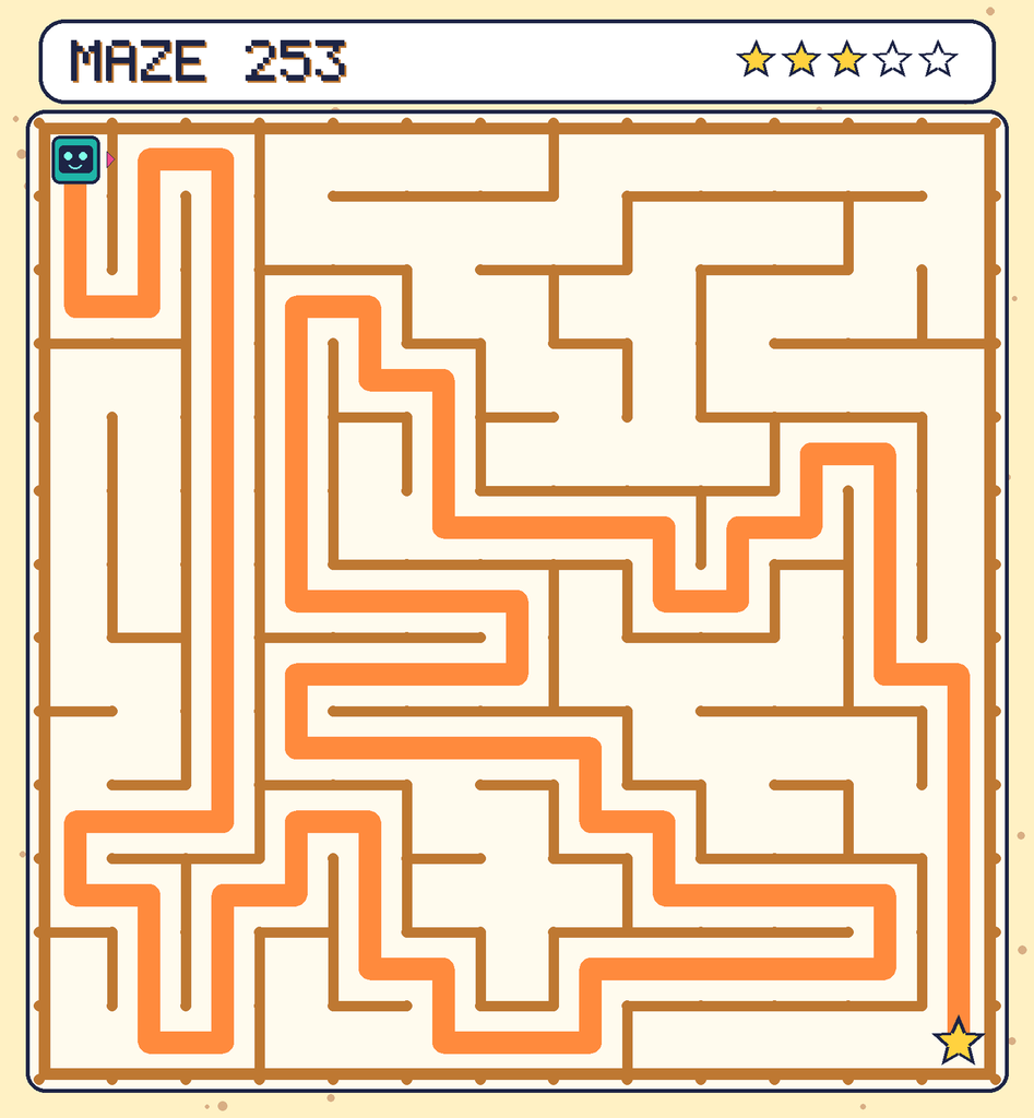 The solved maze 253 with the route drawn as an orange line.