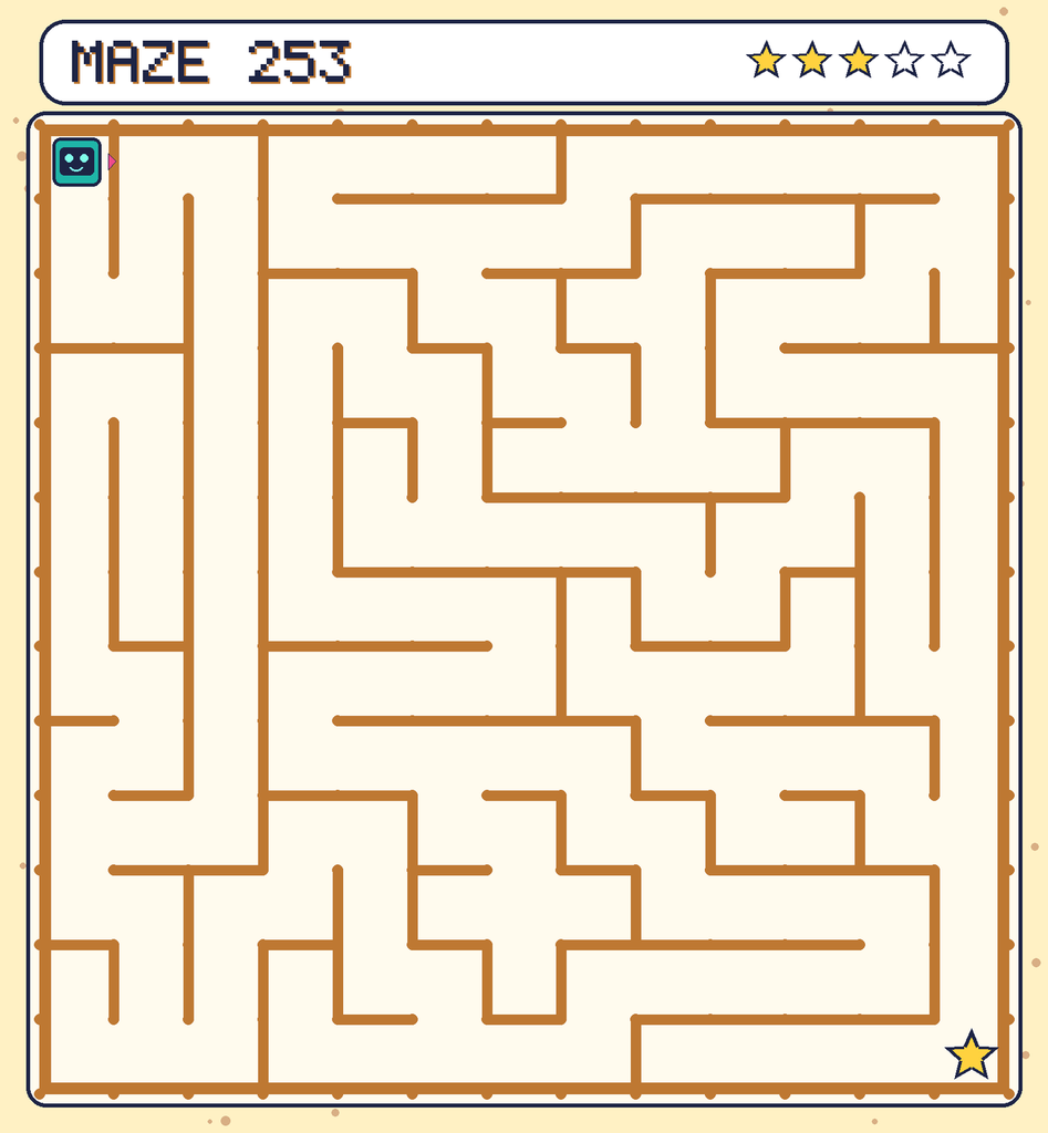 Maze 253. Beep starts in the top-left corner. The gold star is in the bottom-right corner.