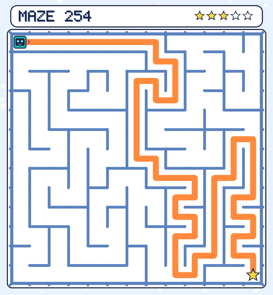 The solved maze 254 with the route drawn as an orange line.