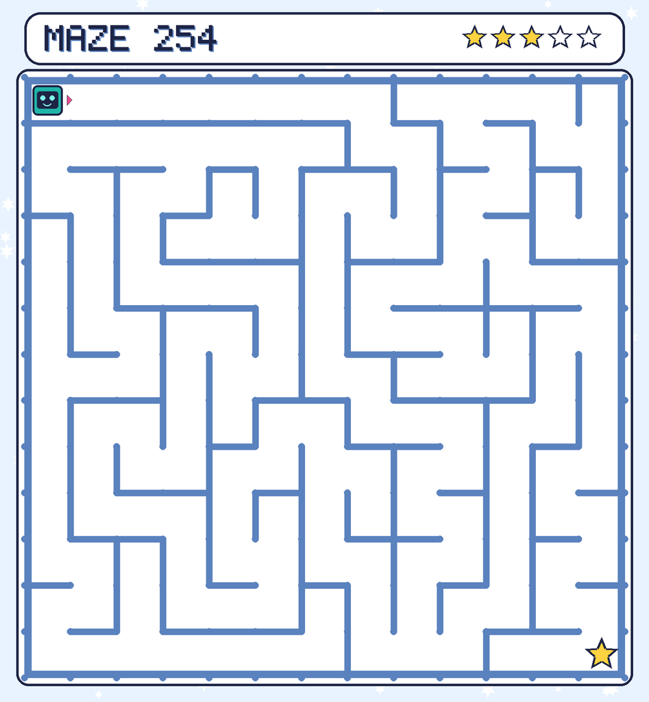 Maze 254. Beep starts in the top-left corner. The gold star is in the bottom-right corner.