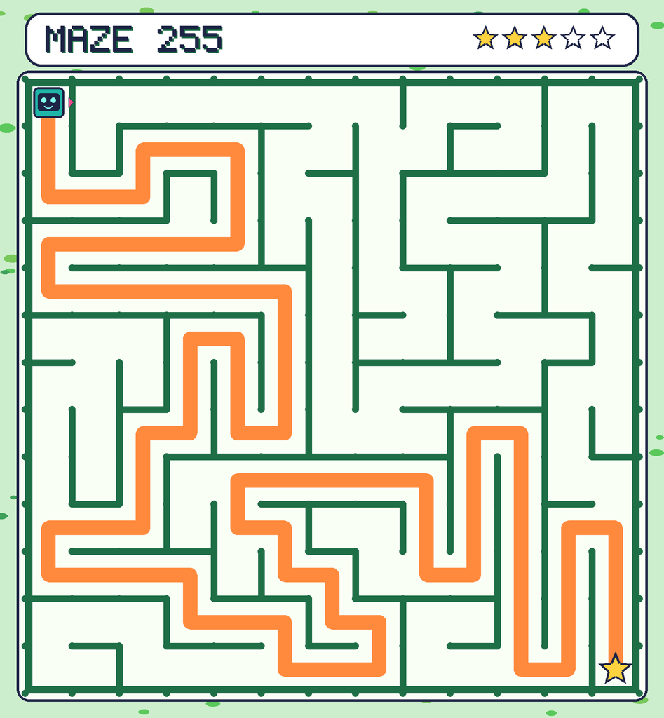 The solved maze 255 with the route drawn as an orange line.