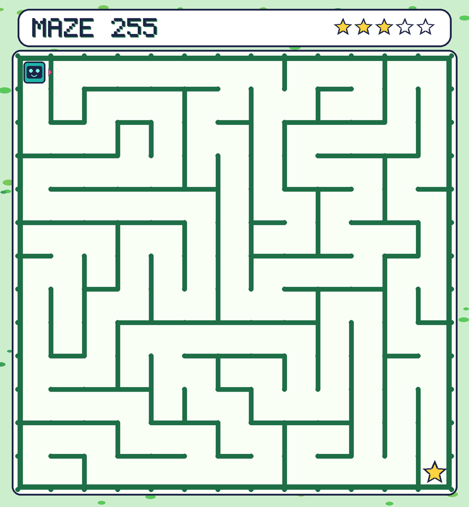 Maze 255. Beep starts in the top-left corner. The gold star is in the bottom-right corner.