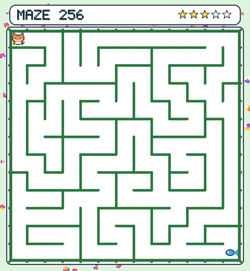 Maze 256. Pixel starts in the top-left corner. The fish is in the bottom-right corner.