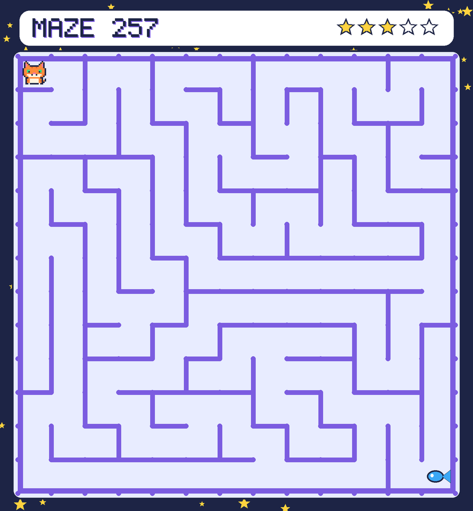 Maze 257. Pixel starts in the top-left corner. The fish is in the bottom-right corner.