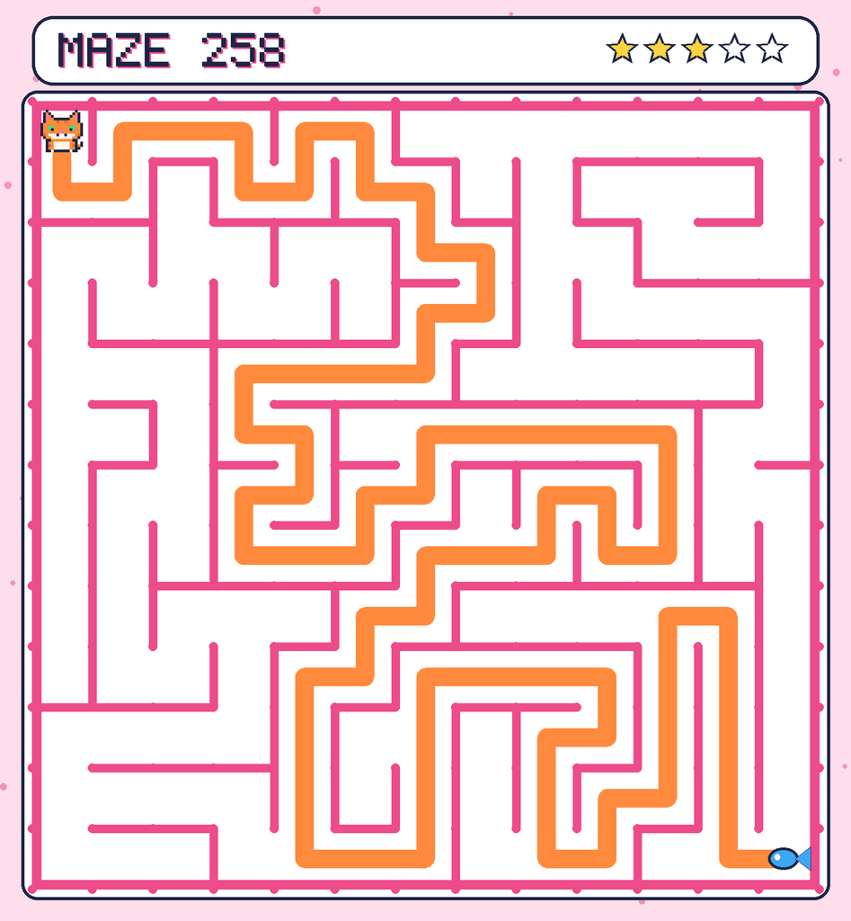 The solved maze 258 with the route drawn as an orange line.