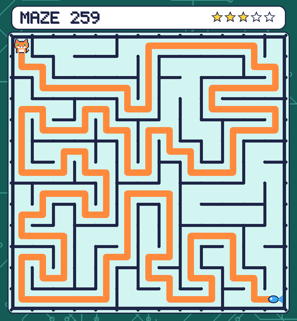 The solved maze 259 with the route drawn as an orange line.