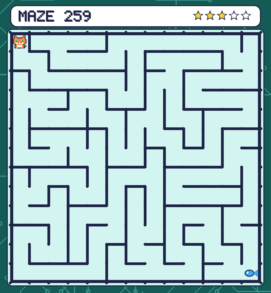 Maze 259. Pixel starts in the top-left corner. The fish is in the bottom-right corner.