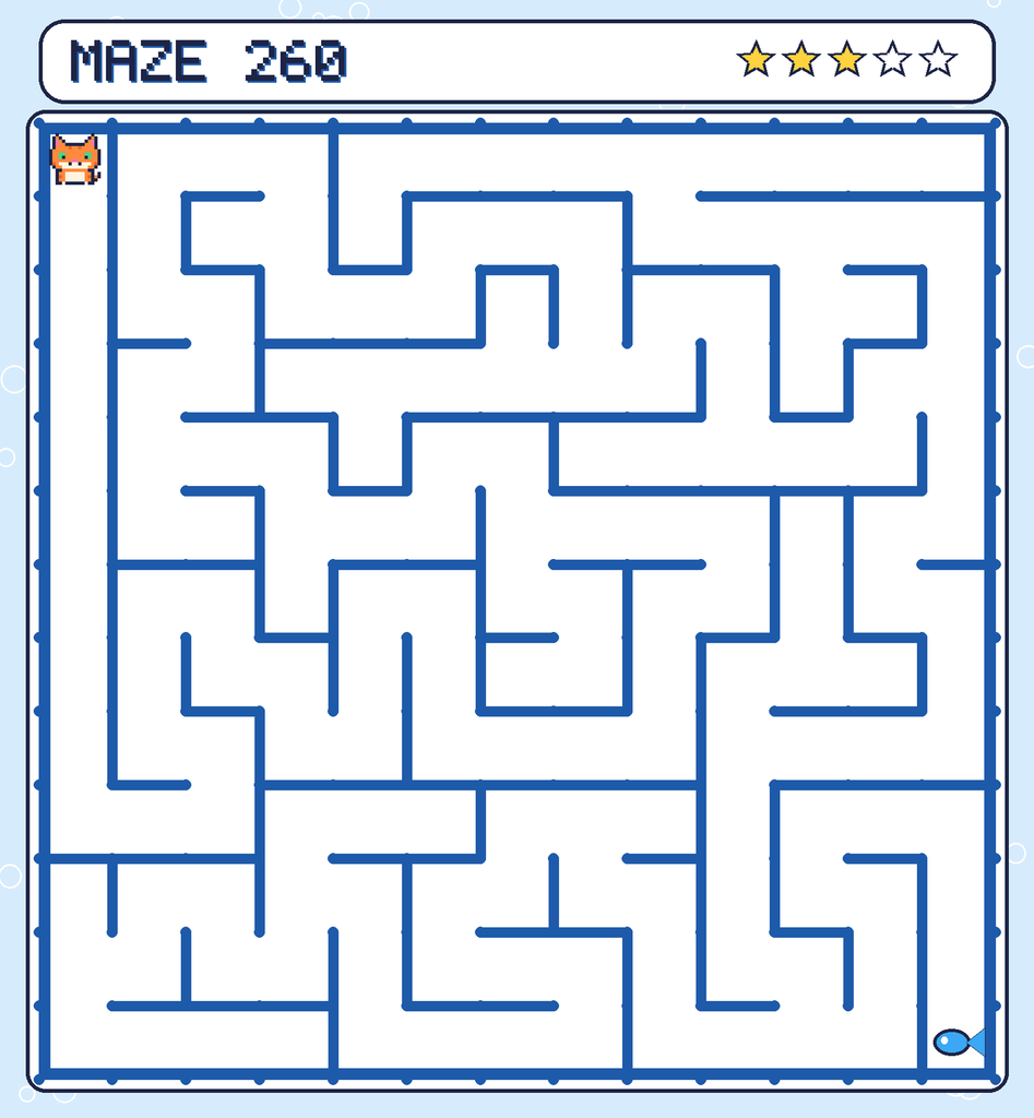 Maze 260. Pixel starts in the top-left corner. The fish is in the bottom-right corner.