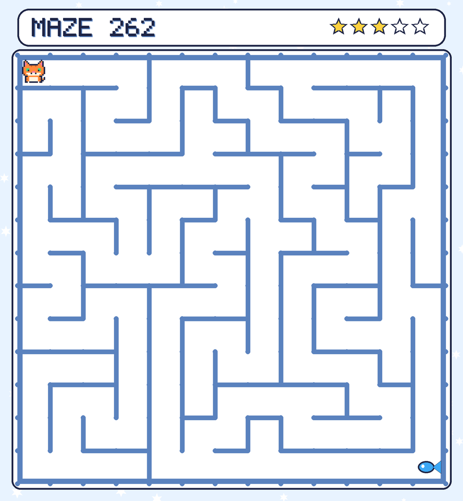 Maze 262. Pixel starts in the top-left corner. The fish is in the bottom-right corner.