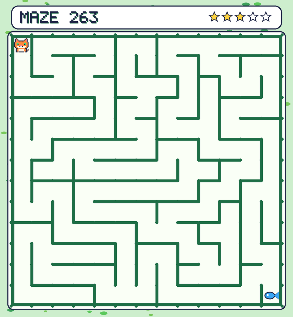 Maze 263. Pixel starts in the top-left corner. The fish is in the bottom-right corner.