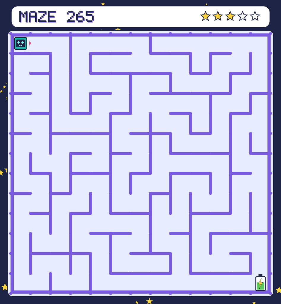 Maze 265. Beep starts in the top-left corner. The battery is in the bottom-right corner.