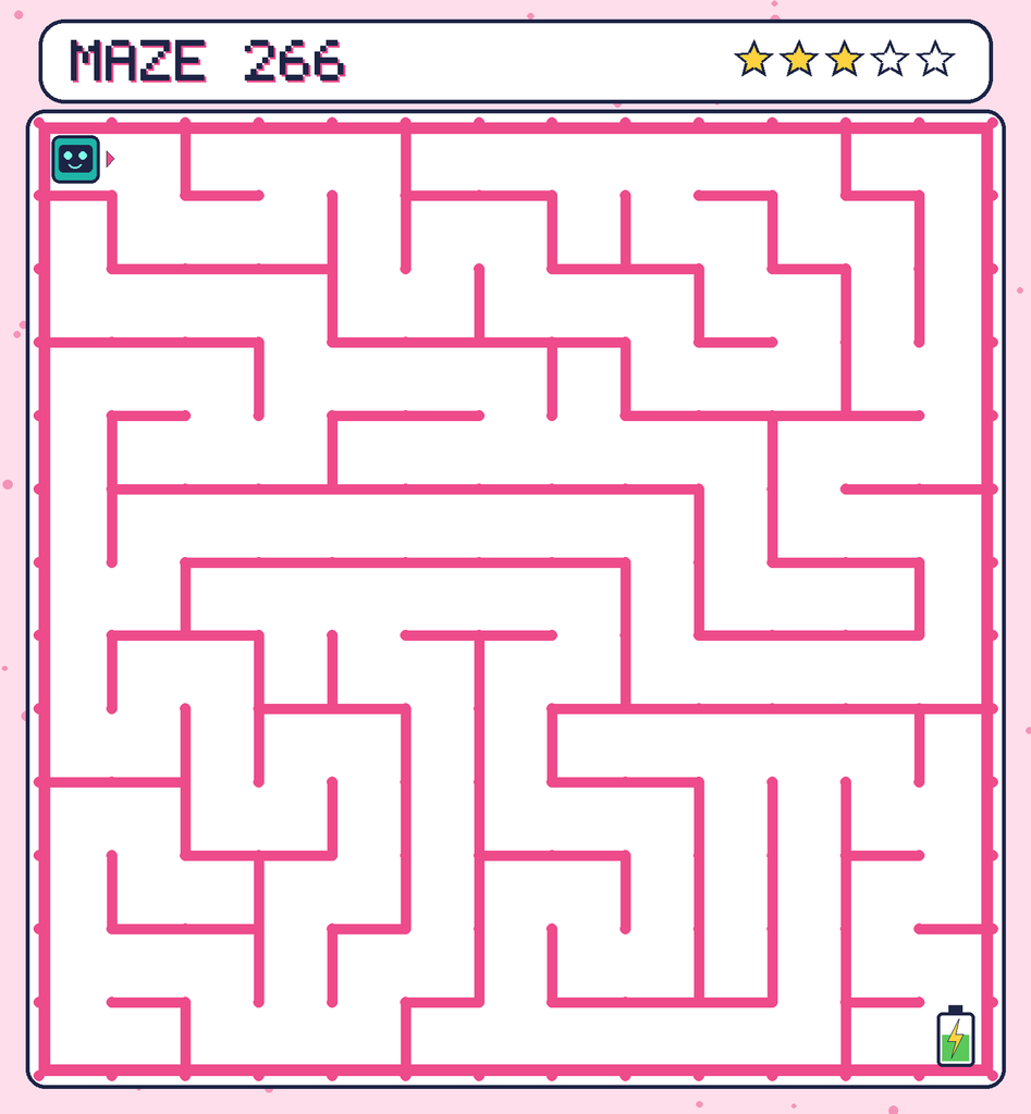 Maze 266. Beep starts in the top-left corner. The battery is in the bottom-right corner.
