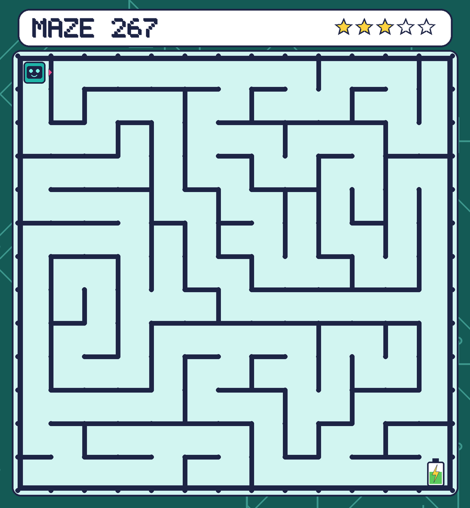 Maze 267. Beep starts in the top-left corner. The battery is in the bottom-right corner.