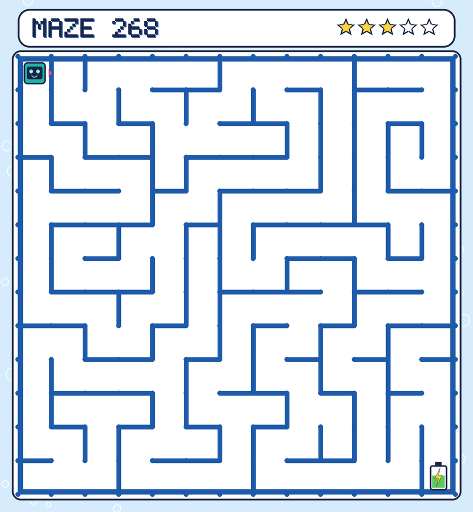 Maze 268. Beep starts in the top-left corner. The battery is in the bottom-right corner.