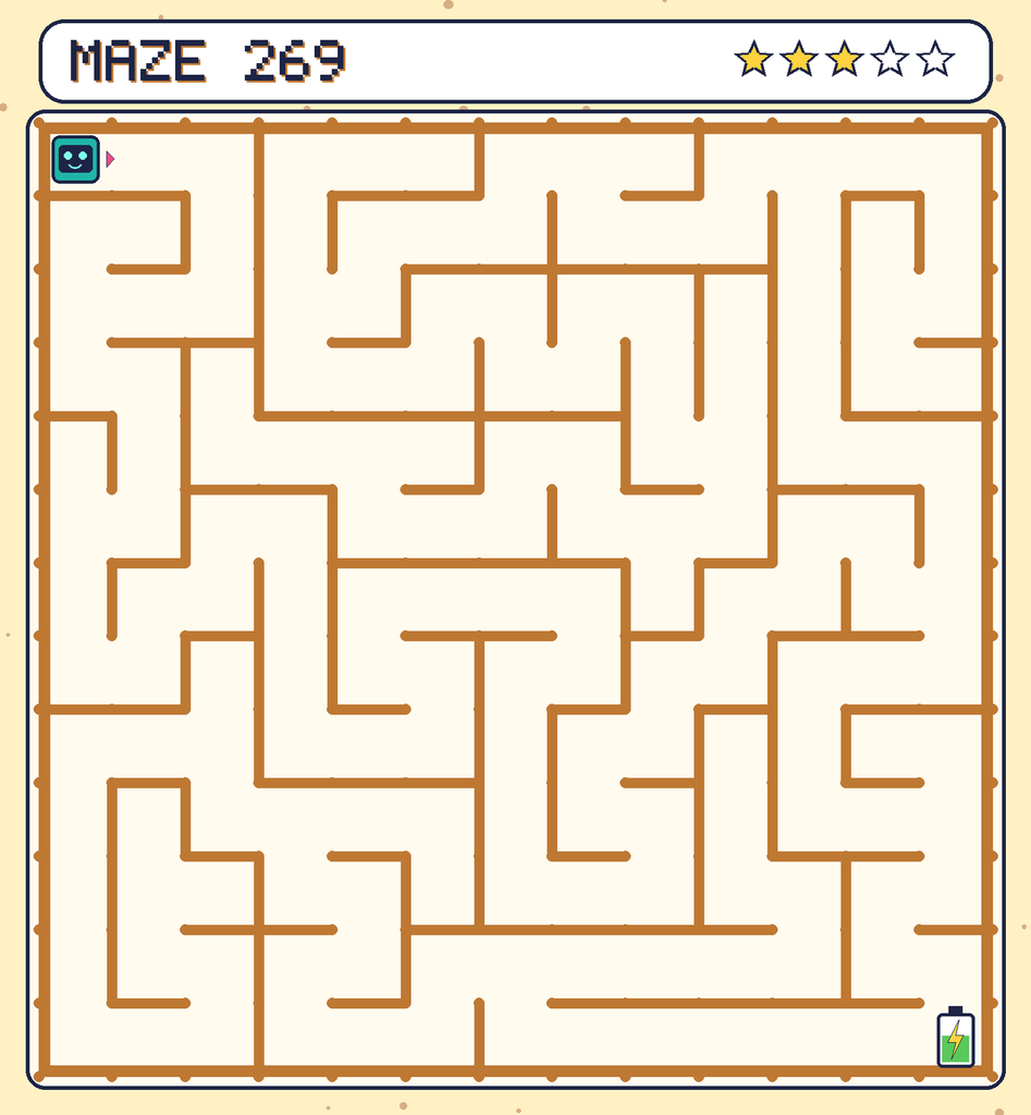 Maze 269. Beep starts in the top-left corner. The battery is in the bottom-right corner.