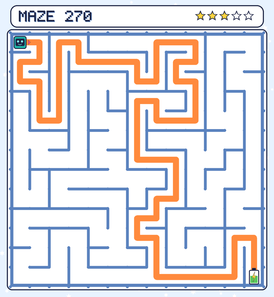 The solved maze 270 with the route drawn as an orange line.