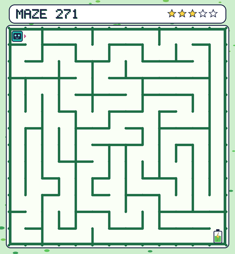 Maze 271. Beep starts in the top-left corner. The battery is in the bottom-right corner.