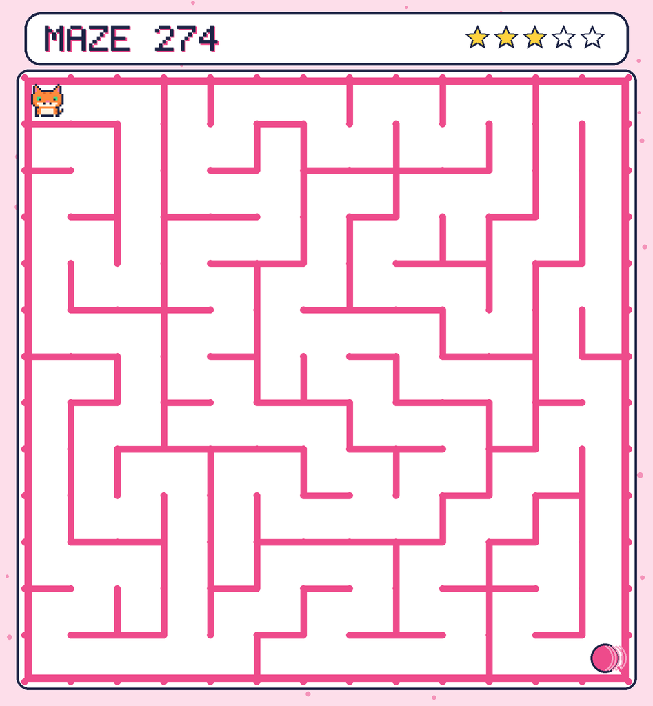 Maze 274. Pixel starts in the top-left corner. The ball of yarn is in the bottom-right corner.