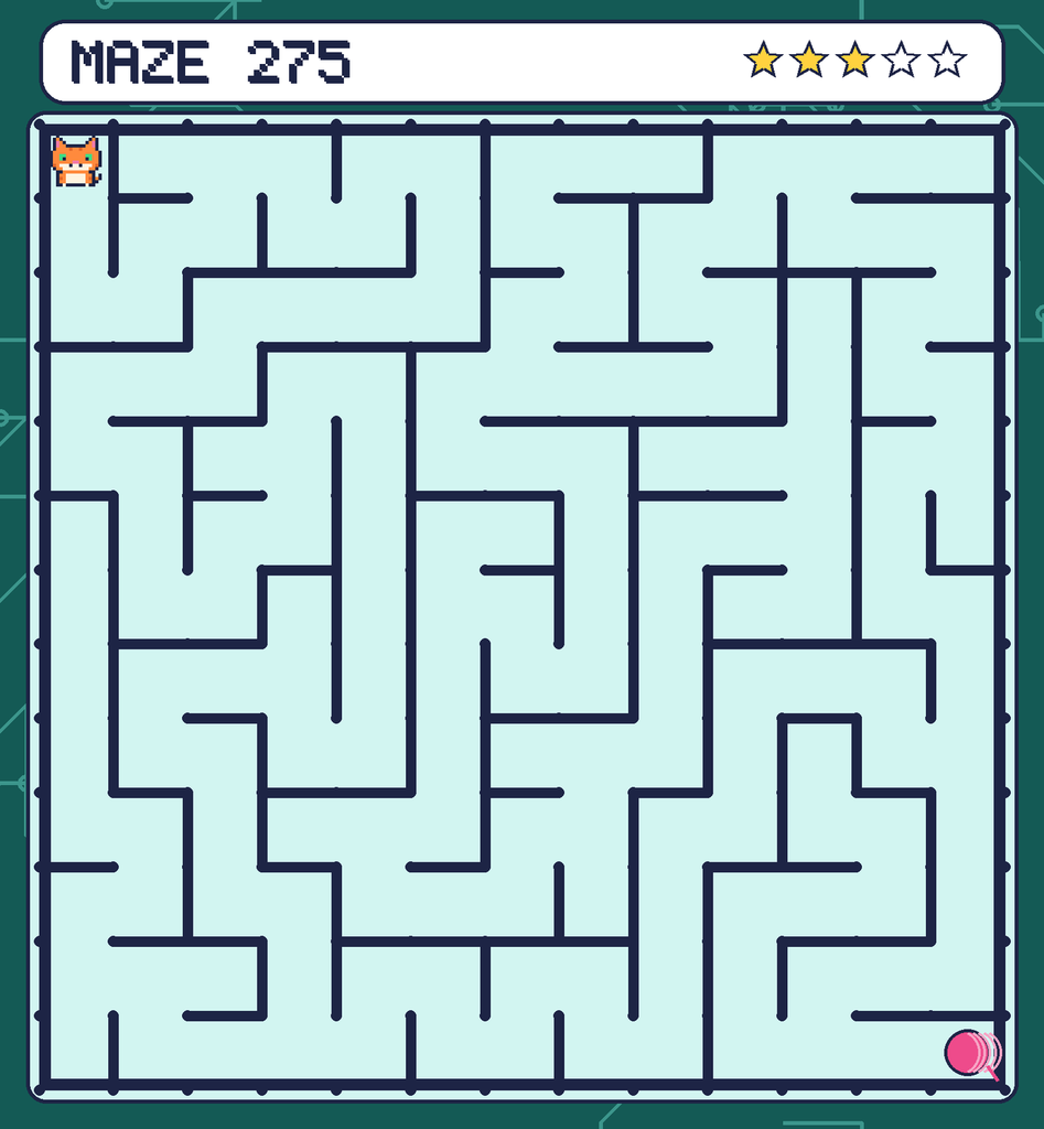 Maze 275. Pixel starts in the top-left corner. The ball of yarn is in the bottom-right corner.