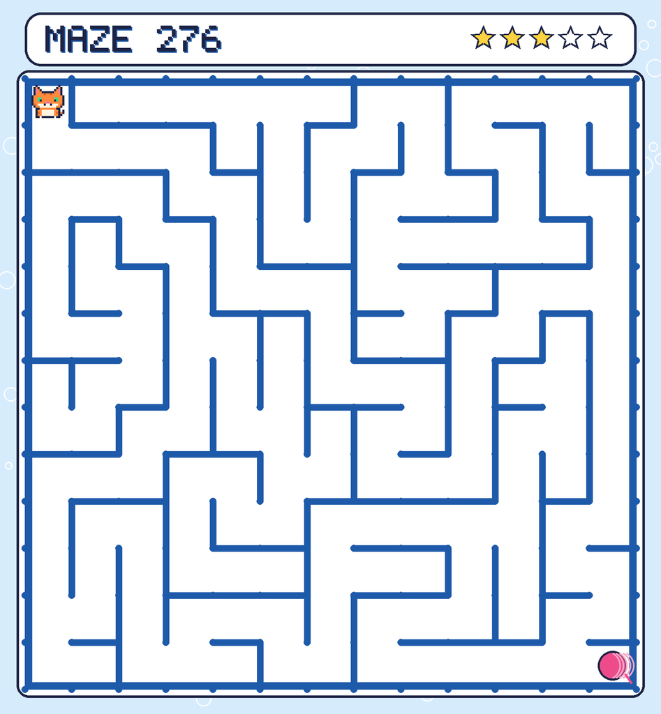 Maze 276. Pixel starts in the top-left corner. The ball of yarn is in the bottom-right corner.