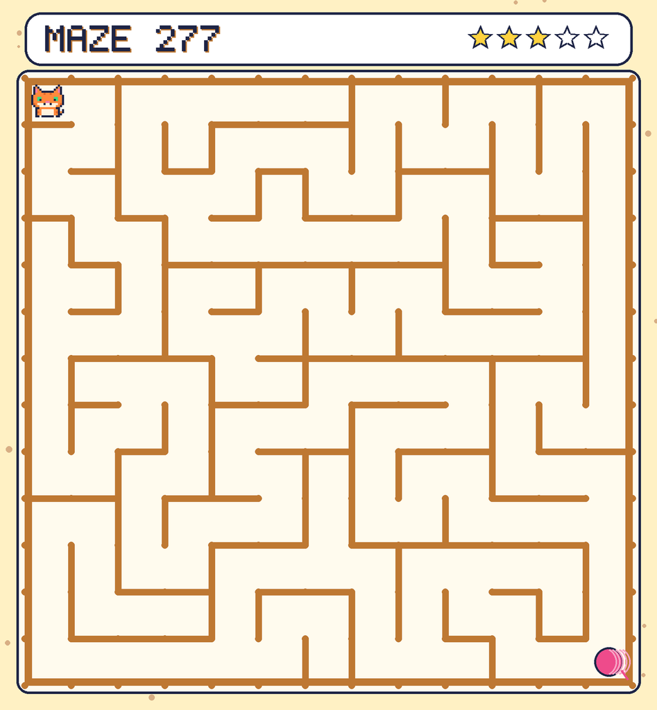 Maze 277. Pixel starts in the top-left corner. The ball of yarn is in the bottom-right corner.