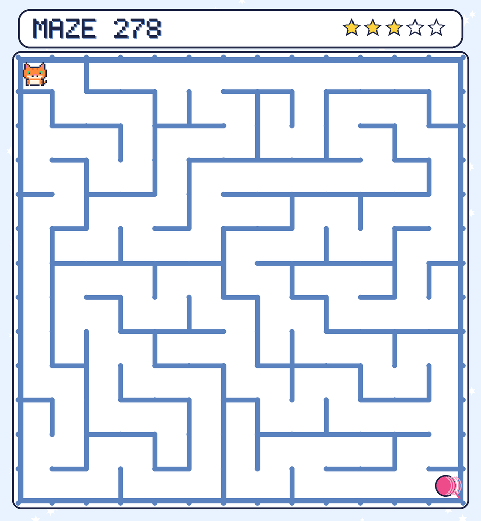 Maze 278. Pixel starts in the top-left corner. The ball of yarn is in the bottom-right corner.