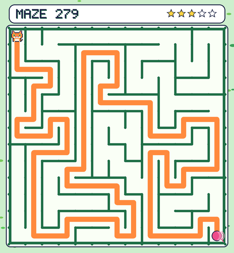 The solved maze 279 with the route drawn as an orange line.