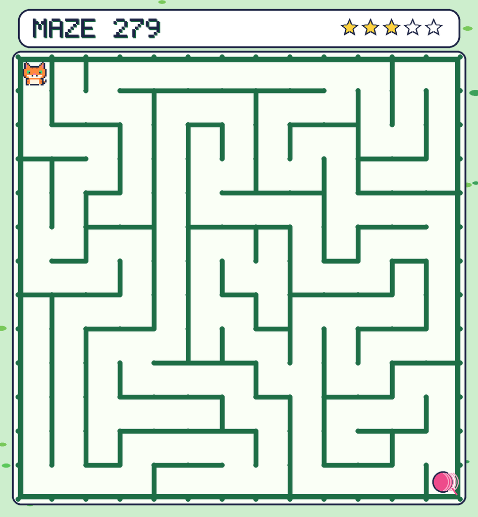 Maze 279. Pixel starts in the top-left corner. The ball of yarn is in the bottom-right corner.