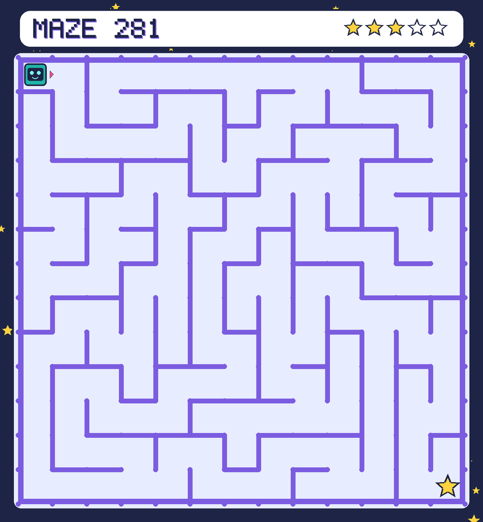 Maze 281. Beep starts in the top-left corner. The gold star is in the bottom-right corner.