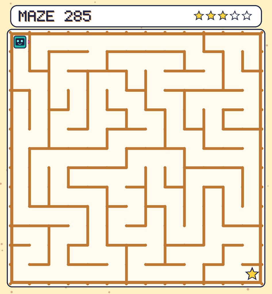 Maze 285. Beep starts in the top-left corner. The gold star is in the bottom-right corner.