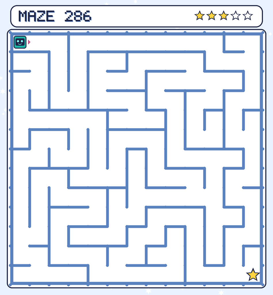 Maze 286. Beep starts in the top-left corner. The gold star is in the bottom-right corner.
