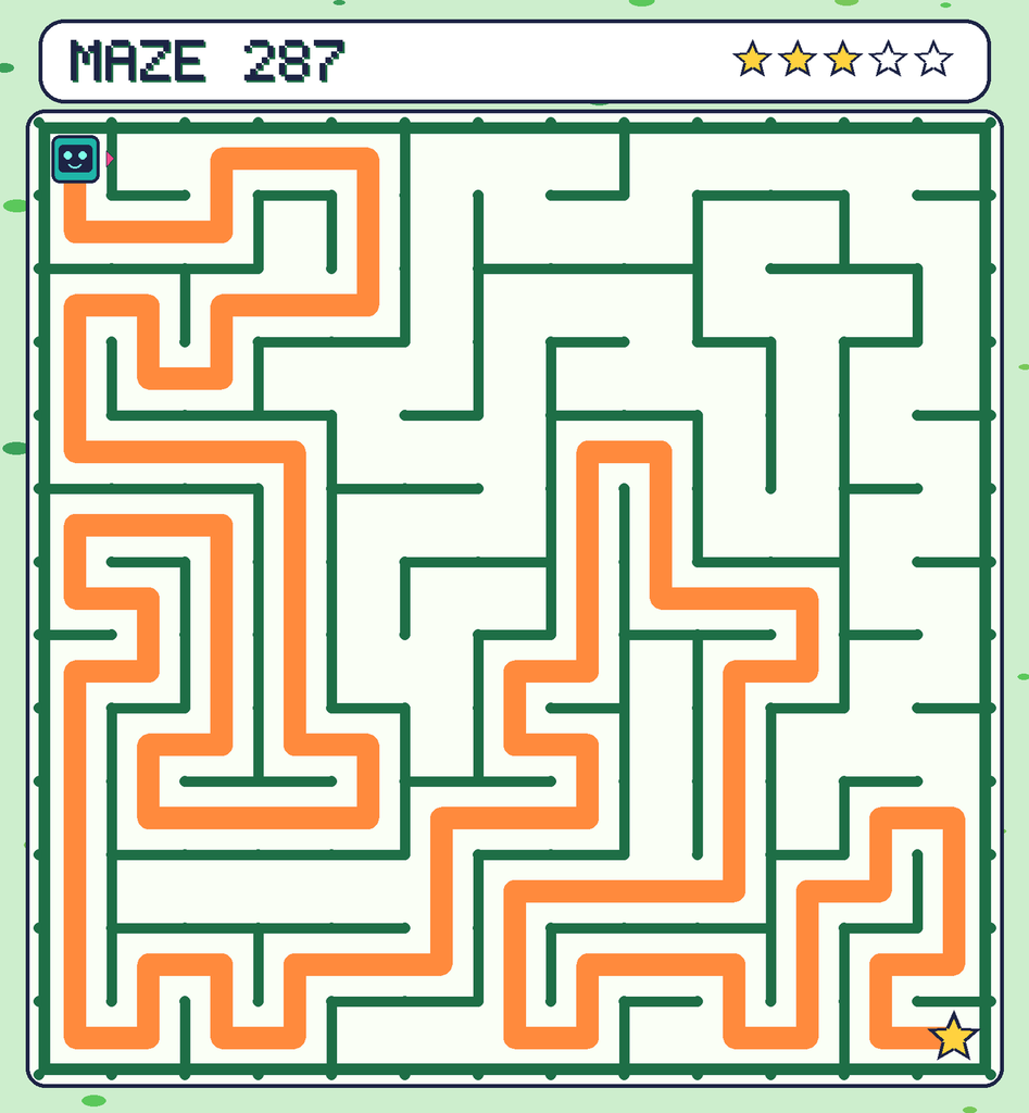 The solved maze 287 with the route drawn as an orange line.