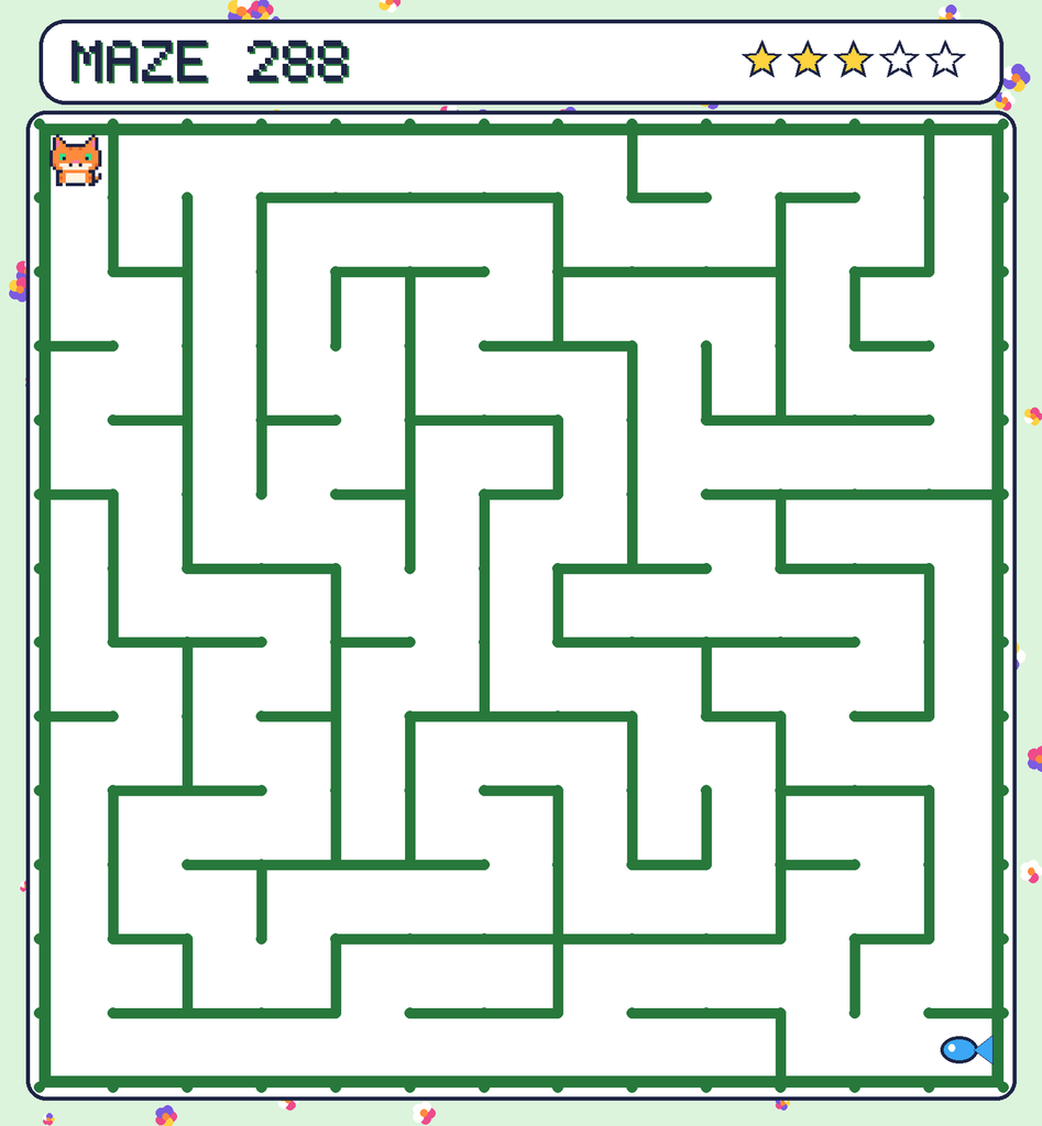 Maze 288. Pixel starts in the top-left corner. The fish is in the bottom-right corner.