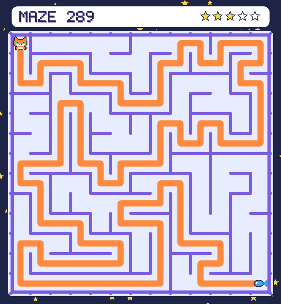 The solved maze 289 with the route drawn as an orange line.