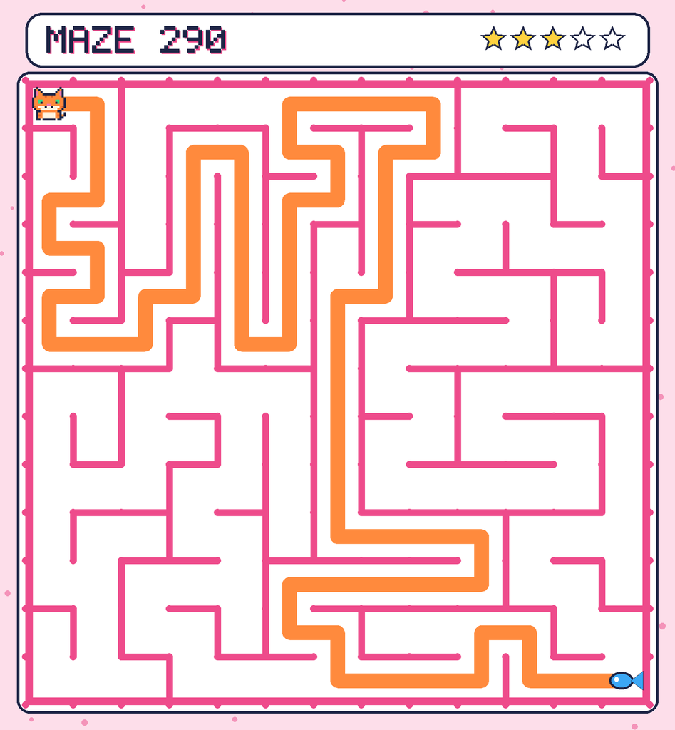 The solved maze 290 with the route drawn as an orange line.