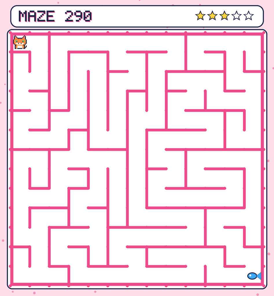 Maze 290. Pixel starts in the top-left corner. The fish is in the bottom-right corner.