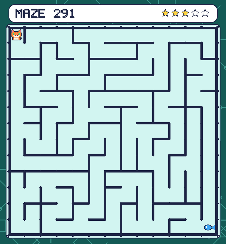 Maze 291. Pixel starts in the top-left corner. The fish is in the bottom-right corner.